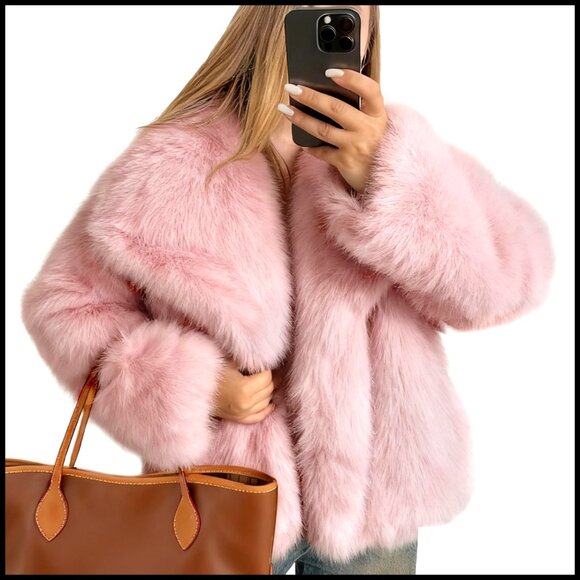 Faux Fur Coat Fluffy Shaggy Parka Elegant Winter Jacket Open Front Lapel